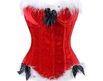 Red Velvet Overbust Steel boned Corset Christmas Costume Burlesque Top Free customized Bustier