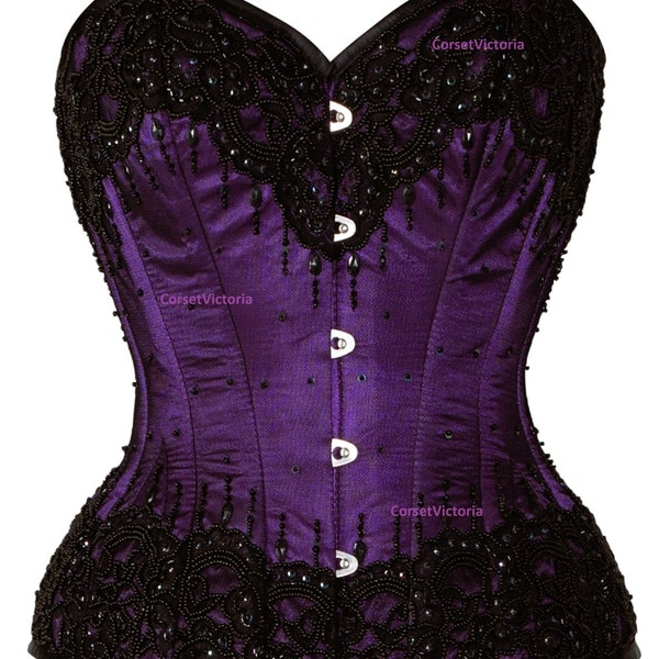 Purple Satin Black Handmade Sequins Overbust Corset Gothic Halloween Costume Bustier Top