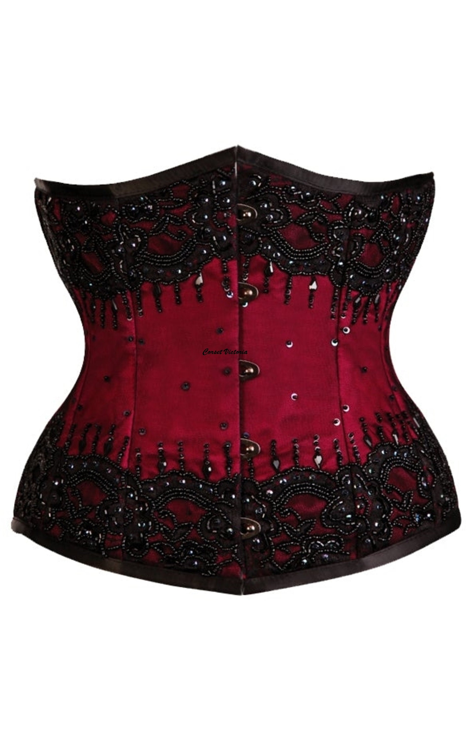 Red Satin Black Sequins Underbust Handmade Corset Halloween Costume Gothic Bustier  Top 