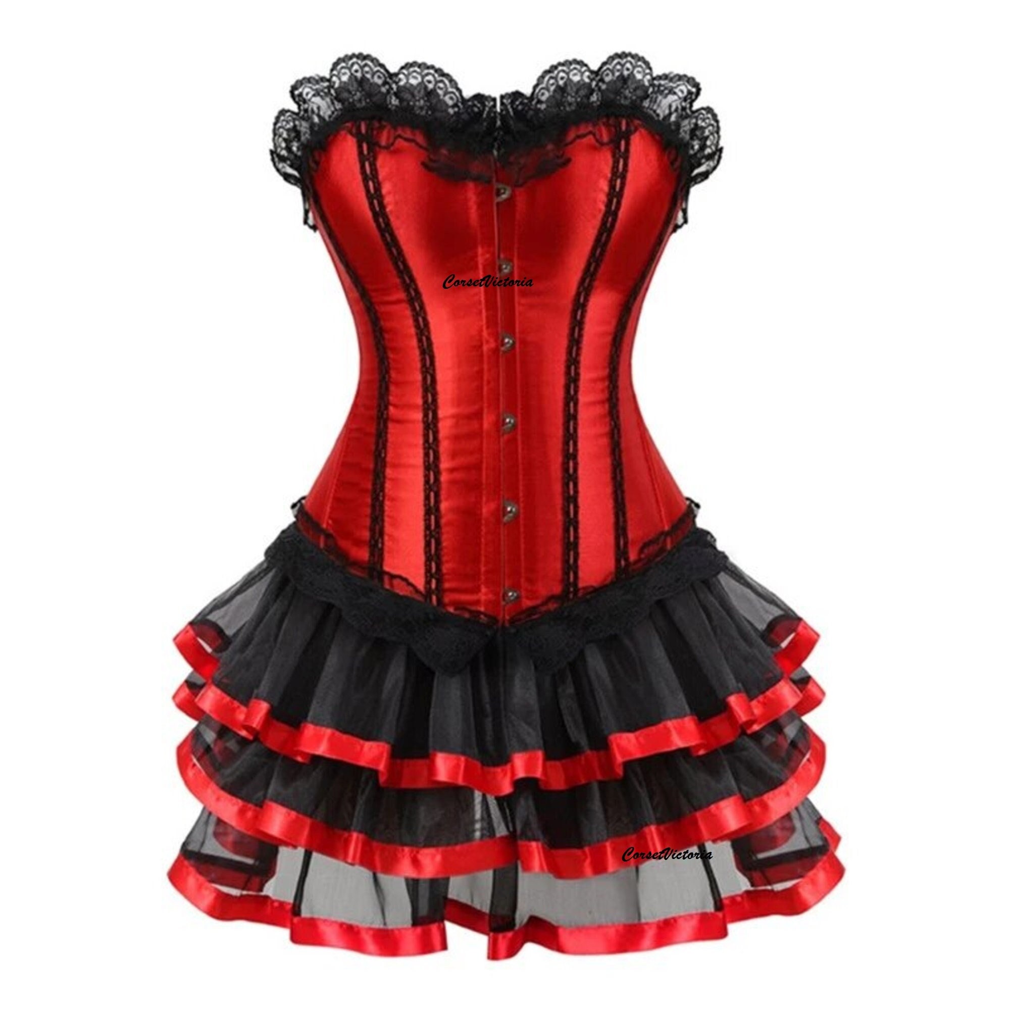 Red and Black Overbust Satin Corset Dress With Skirt Bustier Etsy