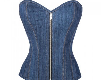 Blue Denim Overbust Zipper Corset longline Handmade Halloween Costume bustier top