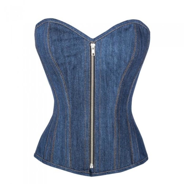 Blue Denim Overbust Zipper Corset longline Handmade Halloween Costume bustier top