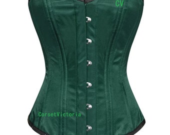 Green Satin double bone Overbust Corset Halloween Costume Women Bustier Top