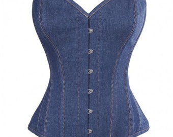 Blue Denim Overbust Corset Gothic Costume Custom Hand made bustier top