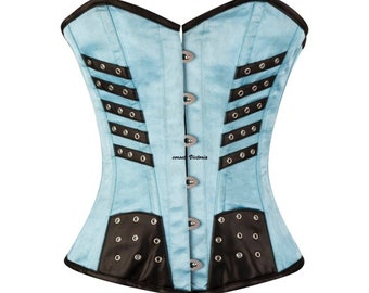 Baby Blue Teal Satin Overbust Corset with black stripes Gothic Costume Bustier Top