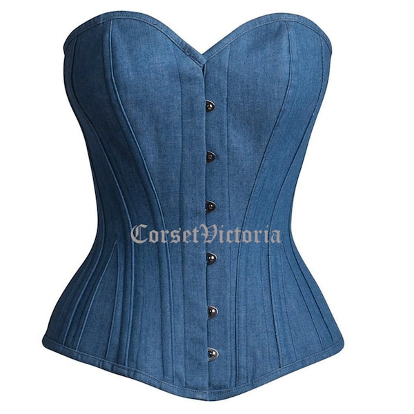 Blue Denim Overbust Corset Costume Waist Training Gothic Vintage Bustier top