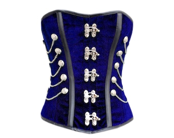 Blue Velvet Over bust Handmade Corset With Chains Gothic Halloween Costume Bustier Top