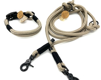 Dog collar and/or dog leash can be ordered individually or as a set, adjustable, Biothane adapter, beige with black,