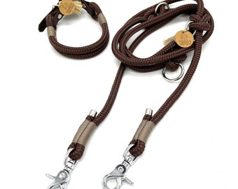 Dog collar and/or dog leash can be ordered individually or as a set, adjustable, Biothane adapter, brown with beige,