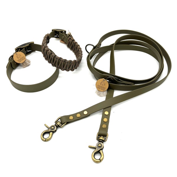 Dog leash and/or collar series (not a set), adjustable, Biothane with paracord wrapping, plain, olive, old brass