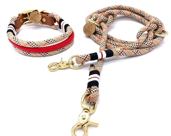 Adjustable dog collar and leash in a set or individually, rope with Biothane closure, British Gold series