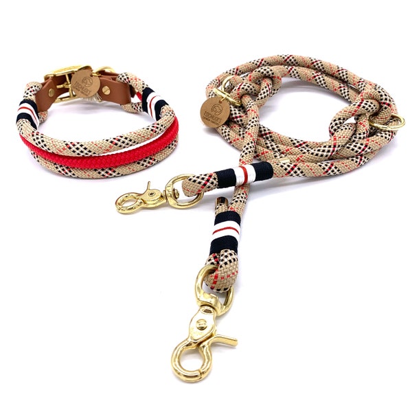 Adjustable dog collar and leash in a set or individually, rope with Biothane closure, British Gold series