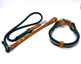 Dog leash and/or collar series (not a set), dark green with elegant greased leather in cognac, leather, handmade, adjustable leash