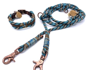 Adjustable dog collar and leash in a set or individually, rope with Biothane closure, Chocolate Hurricane series, turquoise, metal coffee