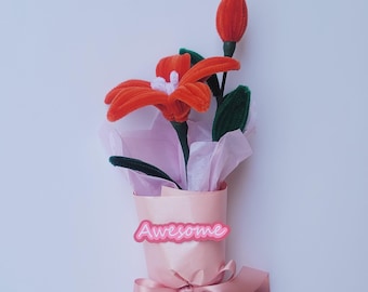 Handmade Pipe Cleaner Lily Bouquets, Anniversary, Mother's Day, Valentine's Gift, Kid's celebrations, recitals, awards, Custom Text