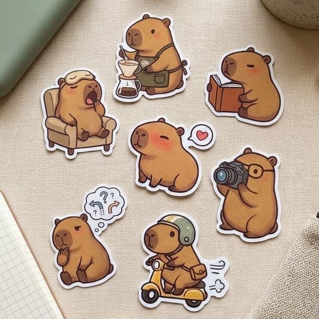 Capybara Sticker Set - 7 Water-resistant Matte Vinyl Decals for Laptops ...