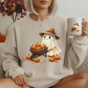 Cute Ghost PNG, Cottagecore Halloween Sublimation, Whimsical Scarecrow Ghost with Pumpkins, Fall Clipart for T-shirt, Digital Download