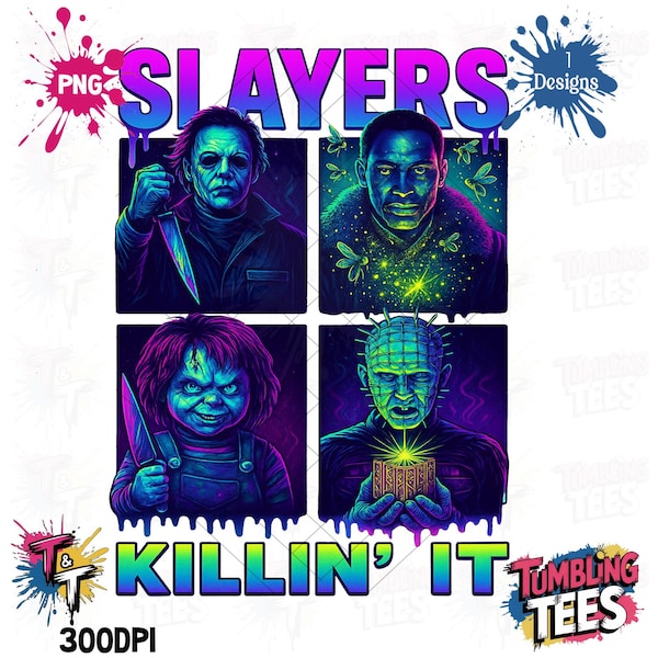 Neon Vaporwave Horror Characters PNG: Halloween Slayers Digital Download