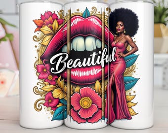 Beautiful Afrocentric Tumbler Wrap Design | Red Lips & Floral Glam | Digital PNG/PDF for Sublimation | Black Beauty Art, 300 DPI High-Res