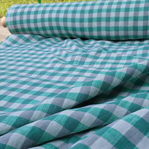 Pure Linen fabric, green color big gingham check fabric by half yard, linen 100%, soft touch #6393