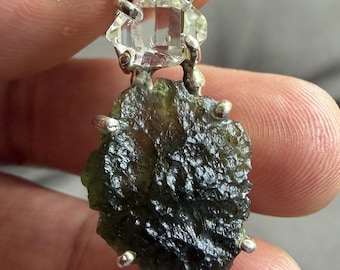 Moldavite + Herkimer Diamond Sterling Silver Pendant - Museum Quality - 5.28 g - Extremely Powerful