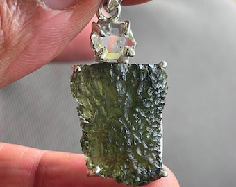 Moldavite + Herkimer Diamond Sterling Silver Pendant - Museum Quality - 5.87 g - Extremely Powerful