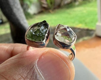 Sz 7 Moldavite + Herkimer Diamond Ring - 4.3 g - A Quality