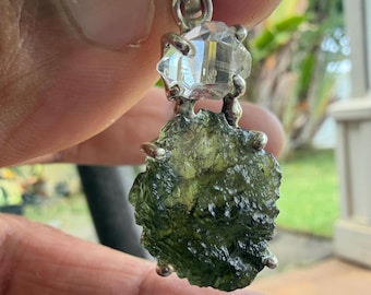 Moldavite + Herkimer Diamond Sterling Silver Pendant - Museum Quality - 5.28 g - Extremely Powerful