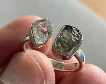 Sz 8.5 Moldavite + Herkimer Diamond Ring - 4.3 g - A Quality