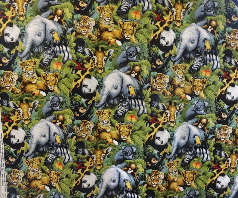Packed Jungle Baby Animals Collage Jenny Newland David Textiles BTY 1yd ...