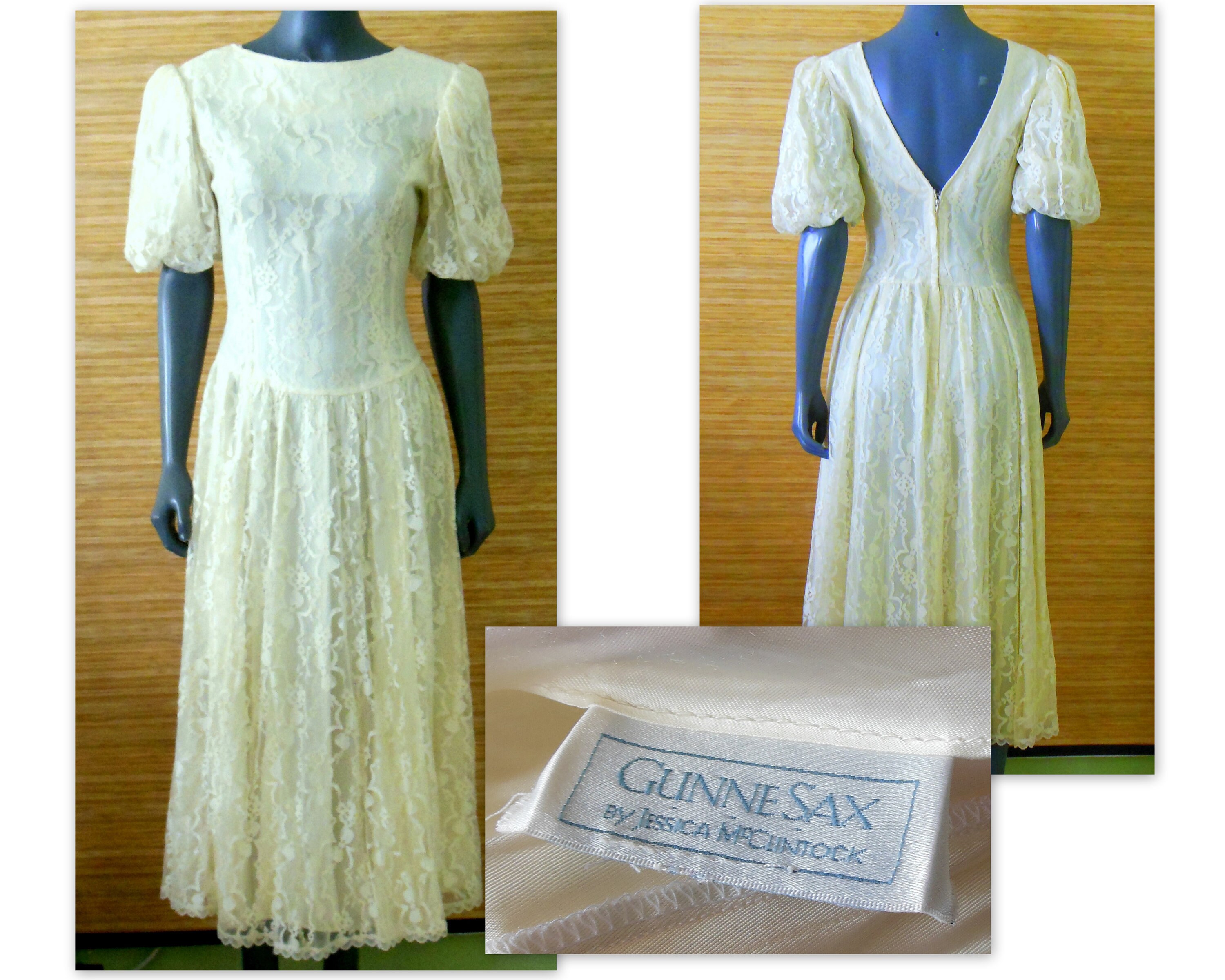 GUNNE SAX BY Jessica Mcclintock Vintage Dress Ivory Lace Puff 3/4 ...