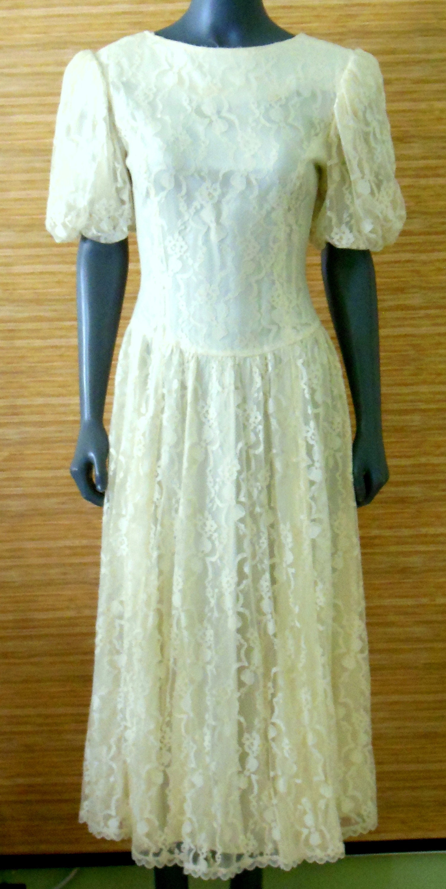 GUNNE SAX BY Jessica Mcclintock Vintage Dress Ivory Lace Puff 3/4 ...