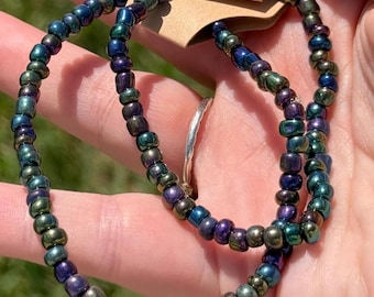 Metallic Iridescent Beaded Bracelet | Rainbow Oil Slick Stretch Bracelet | Boho Stackable Jewelry Gift for Her | Shimmering Metallic Beads