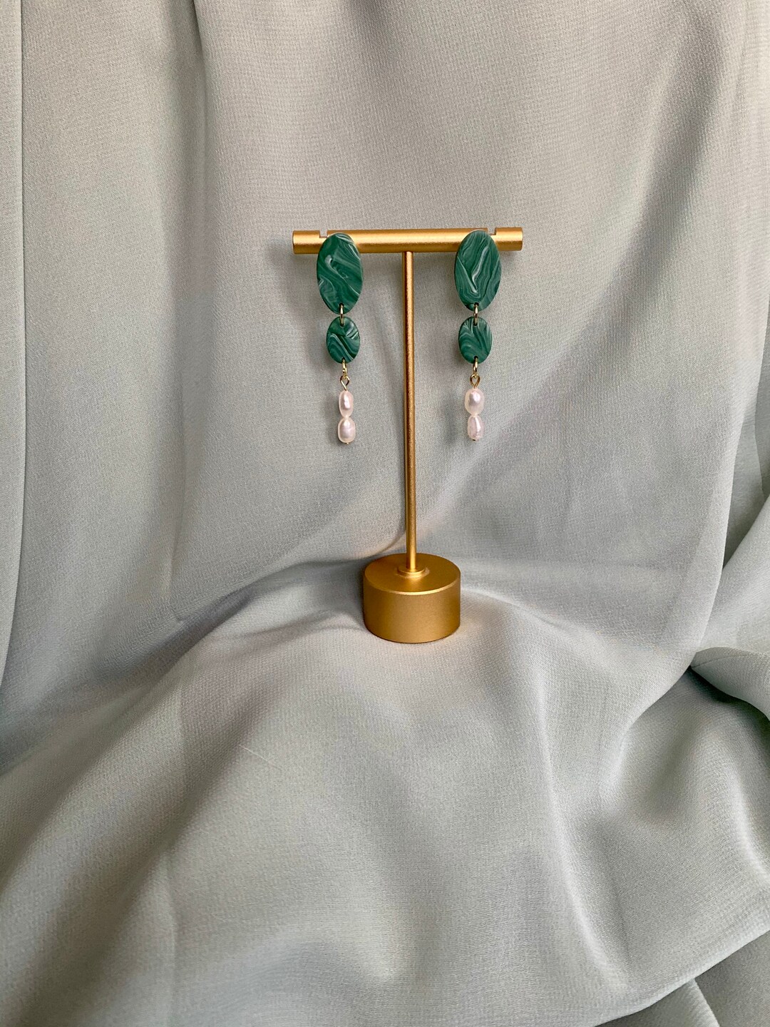 Emerald Green Clay Earrings With Freshwater Pearls Etsy