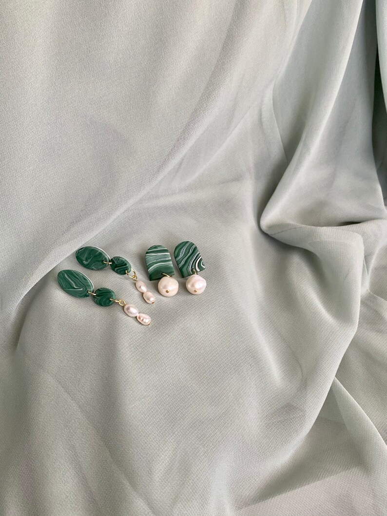 Emerald Green Clay Earrings With Freshwater Pearls Etsy