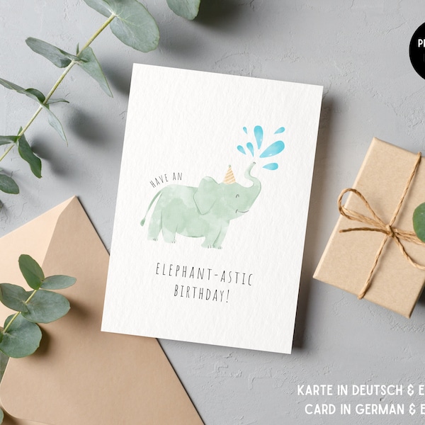 Printable elephantastic birthday card | elephant | boho style | watercolor look | printable | instant download | for kids |birthday party