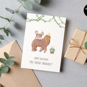 carte d'anniversaire personnalisée | Jungle des singes de fête | offrir en cadeau | Carte postale joyeux anniversaire | Imprimer | numérique | Aquarelle bohème