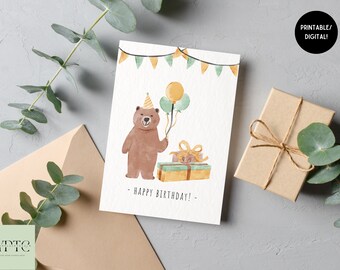 Printable birthday card bear, gifts and balloons | boho style | watercolor look | printable | instant download | children | birthday party