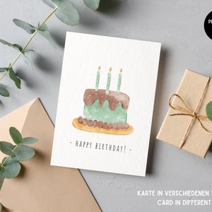 carte d'anniversaire personnalisée | Gâteau aux bougies | offrir en cadeau | Carte postale joyeux anniversaire | imprimer | numérique | Aquarelle bohème