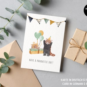 carte d'anniversaire personnalisée | Cadeaux de ballons de panda de fête | offrir en cadeau | Carte postale joyeux anniversaire | numérique | Aquarelle bohème