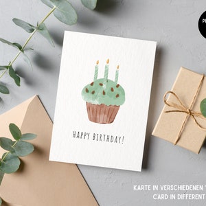 personalisierte Geburtstagskarte | Cupcake mit Kerzen | zum verschenken | Happy Birthday Postkarte | zum Ausdrucken | digital | Aquarell