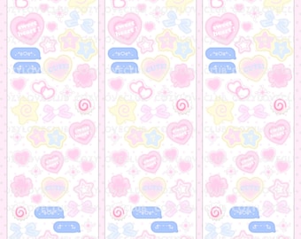 May include: A sticker sheet featuring repeating pastel designs including pink hearts with the text sweet heart, blue speech bubbles with text, yellow stars, light blue bows, pink swirls, and small sparkles arranged in a vertical grid pattern.