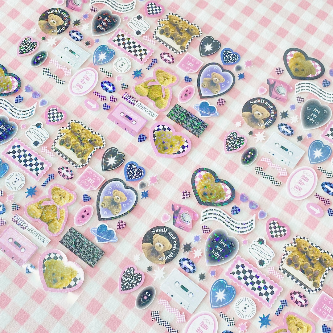 Holographic Kidcore PNG Sticker Sheet Korean Stationery, Kpop Photocard