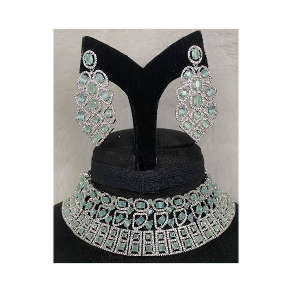 NP3371 Silver Plated Mint Green   CZ Cubic Zirconia Designer American Diamond Indian Wedding Bridal Necklace Handmade Bijoux