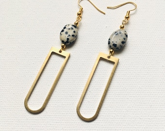 Dalmatian Jasper stone long gold dangle earrings