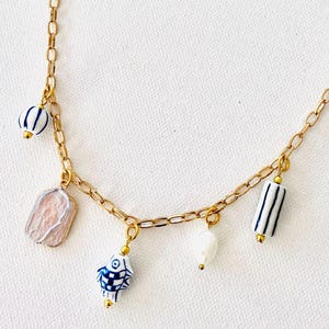 Coastal charm necklace. Nautical fish charms ceramic charm necklace. Fish necklace. Fish charms. Beach necklace.