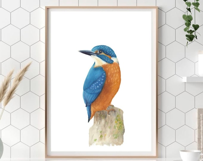 Kingfisher Wall Art Print PNG JPG Kingfisher Bird Watercolor Digital Painting, Blue Wall Decor, Cute Bird Nursery wall decor