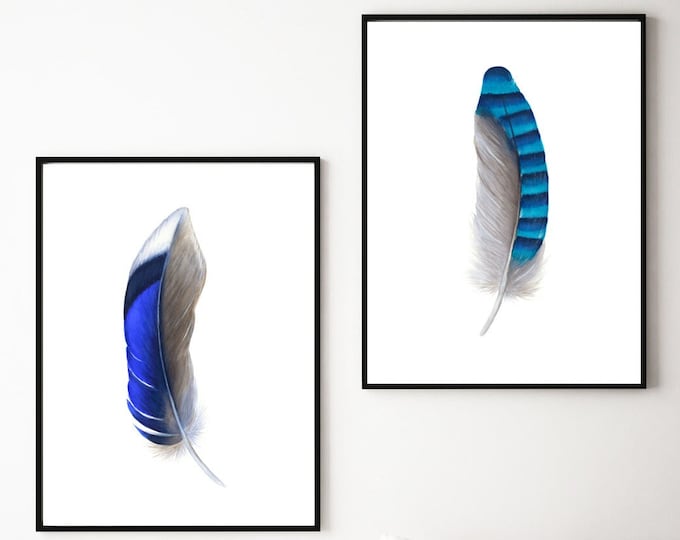 Printable Blue Feathers Print Set of 2 PNG and JPG, Watercolor Bird Feathers Painting Wall Art, Watercolour Decor Digital Print Poster