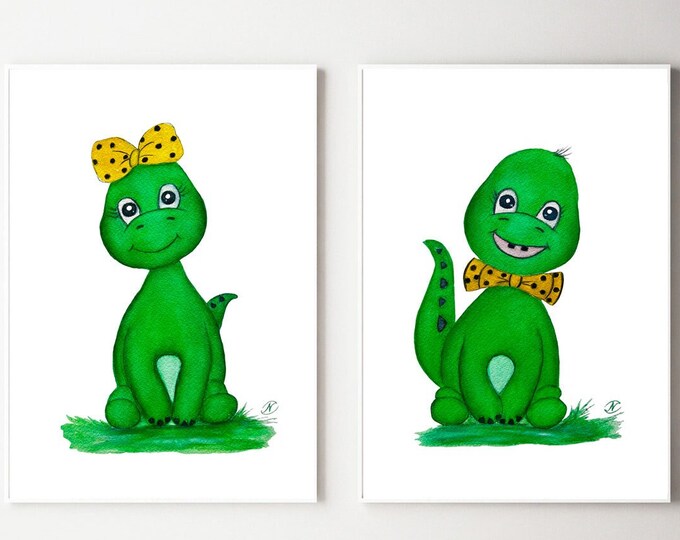 Set of 2 prints Dinosaur Wall Prints, PNG and JPG Nursery Wall Art, Playroom Wall Art Dinosaur Printable Watercolor Print Baby Animal Prints