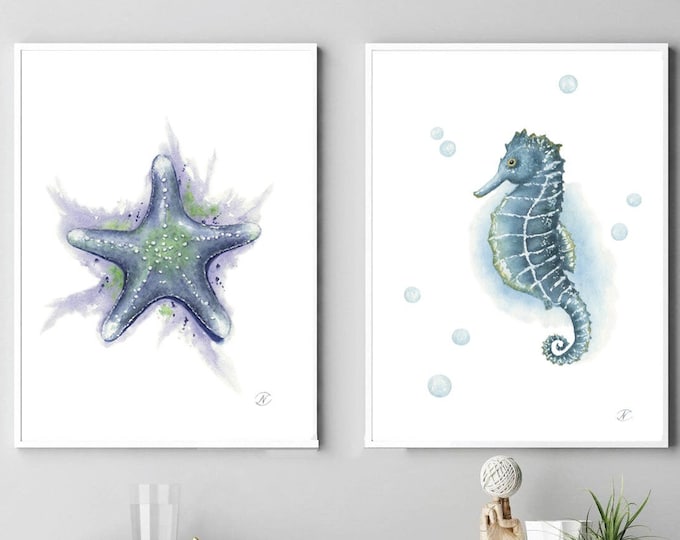 Set of 2 Watercolor Seahorse Starfish Art Prints, Nautical Ocean Wall Decor Painting, Marine Sea Abstract Poster, Ocean Life Abstract Poster